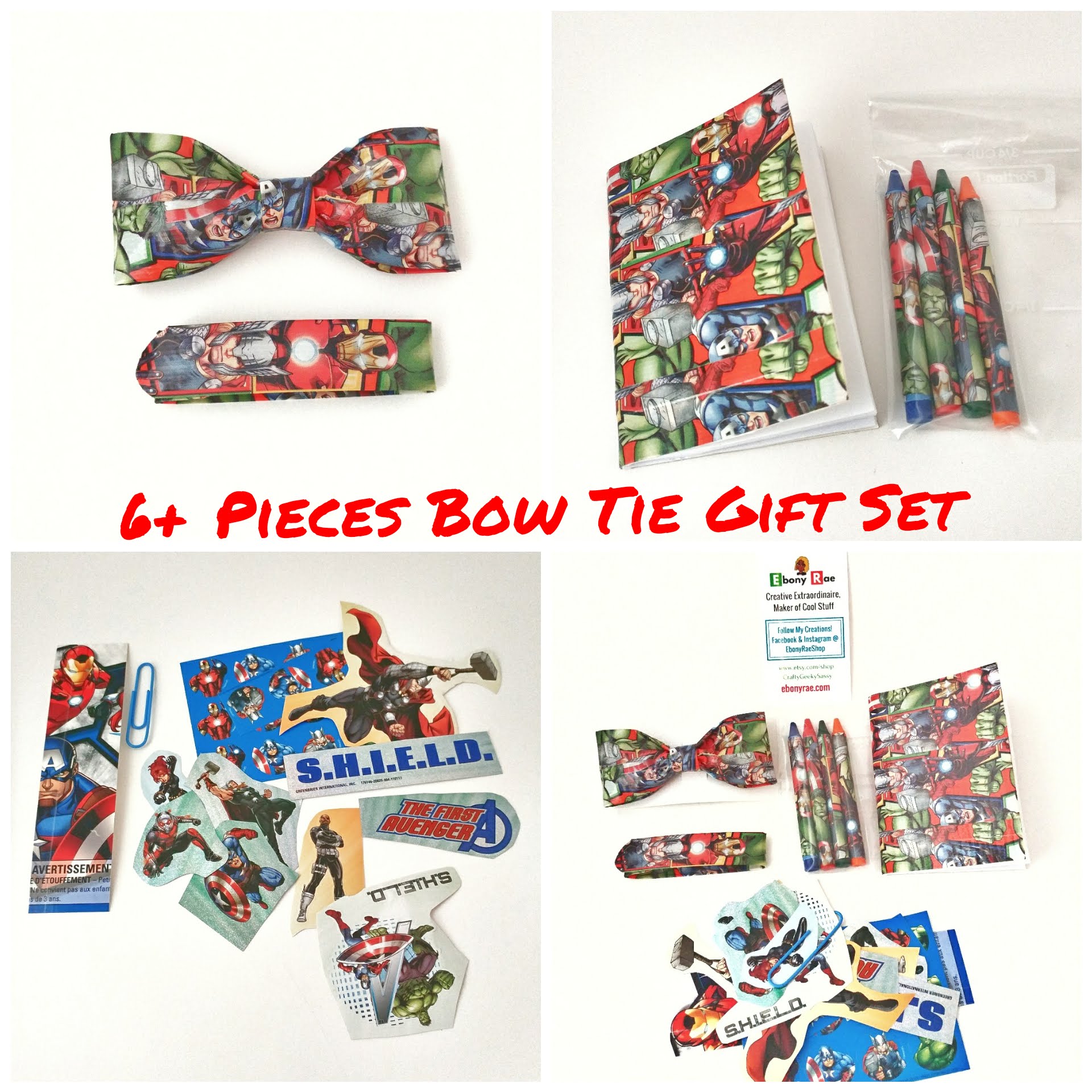 Red and green Avengers bow tie gift set with crayons, notebook, and stickers.