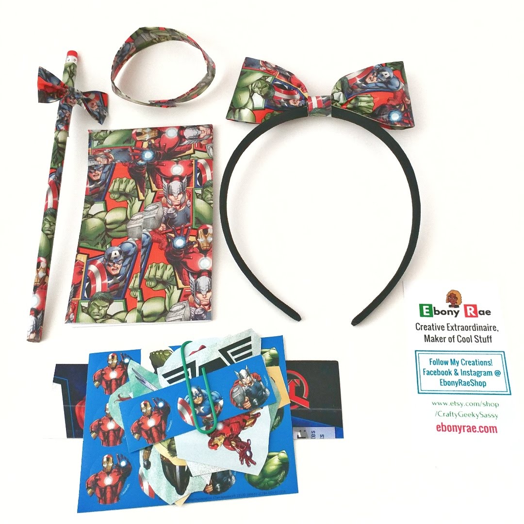 Red and green Avengers hair bow headband gift set for girls with pencil, notebook, and stickers! 