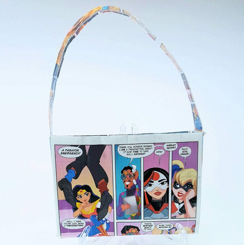 Small white tote bag created with an upcycled DC Superheros Girls comic book featuring Harley Quinn, Katana, Wonder Woman. 