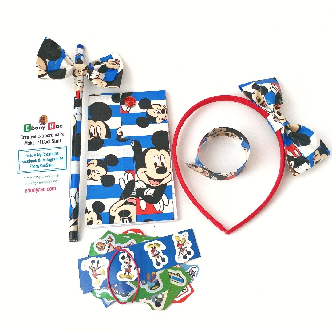Cute red white & blue hair bow headband, matching wristband, pencil with bow, notebook created with Mickey Mouse duct tape. Mickey Mouse stickers. 