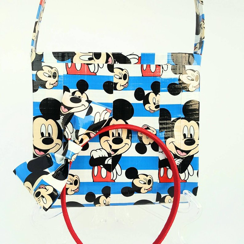 Cute red white & blue purse with matching bow headband created with Mickey Mouse duct tape. 