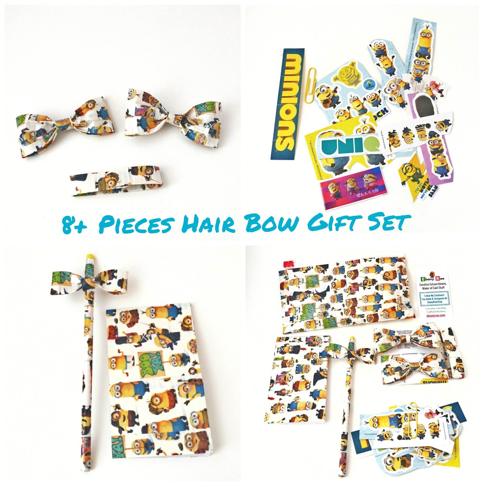 Yellow Minions hair bow gift set for girls with pencil, notebook, and stickers