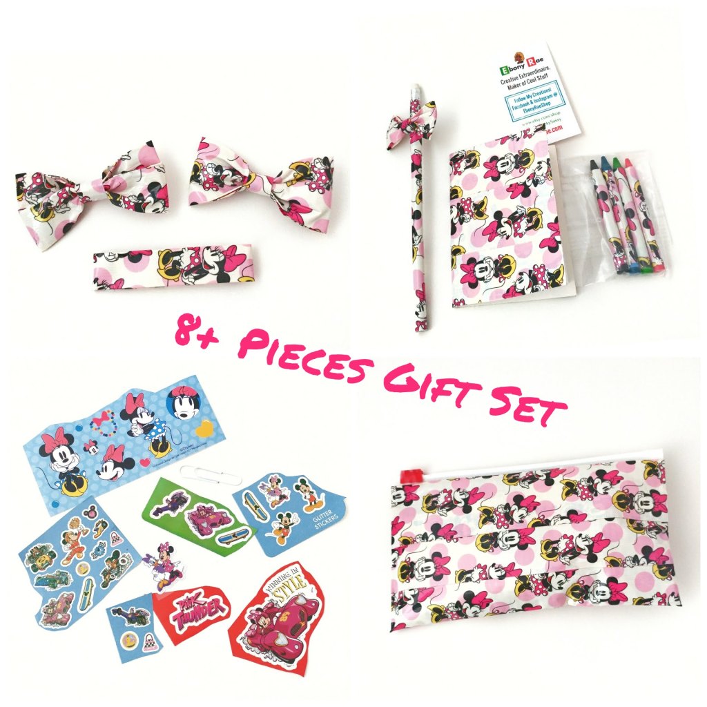 Pink Minnie Mouse hair bow set with matching bracelet, bow pencil, crayons, notebook created with duct tape and Minnie Mouse stickers
