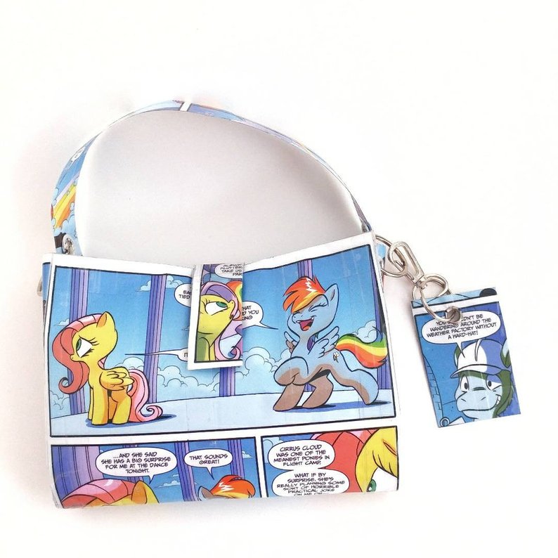 Blue and rainbow My Little Pony purse created from a upcycled MLP Friendship is Magic comic book featuring Rainbow Dash. 