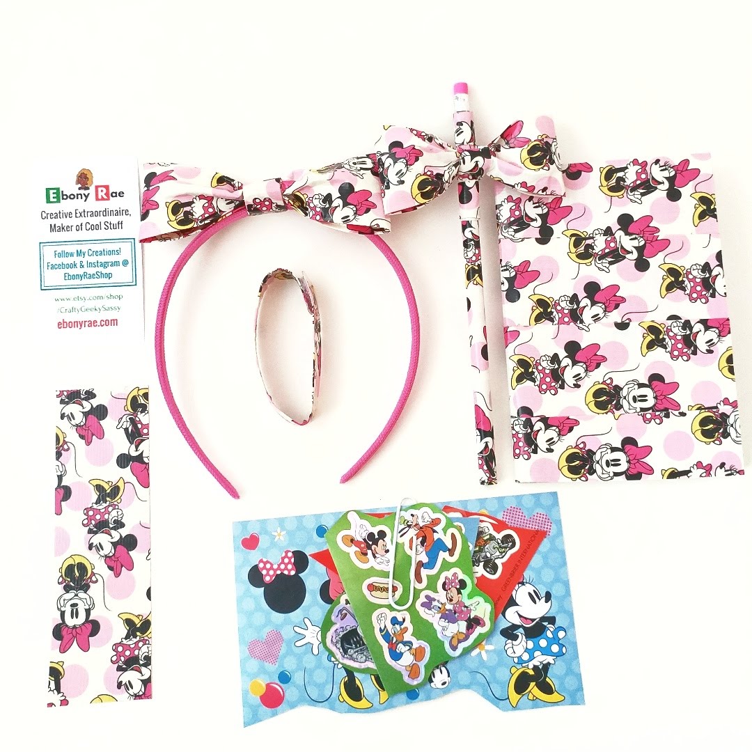 Pink Minnie Mouse duct tape hairbow with matching bracelet, bow pencil, duct tape bookmark, and Minnie Mouse stickers