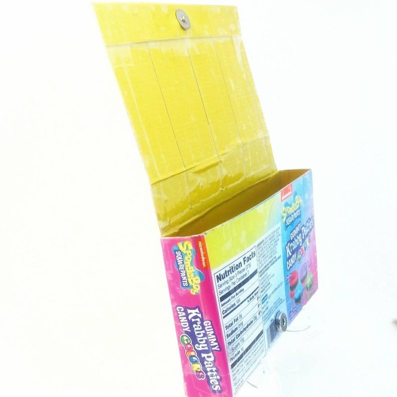 Opened - Yellow Spongebob Krabby Patties candy box upcycled into a fun wallet for kids. 