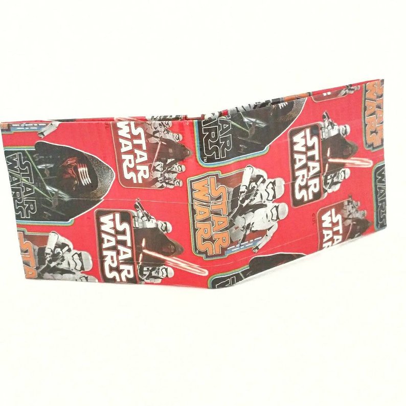 Red and black bi-fold wallet created with Star Wars duct tape