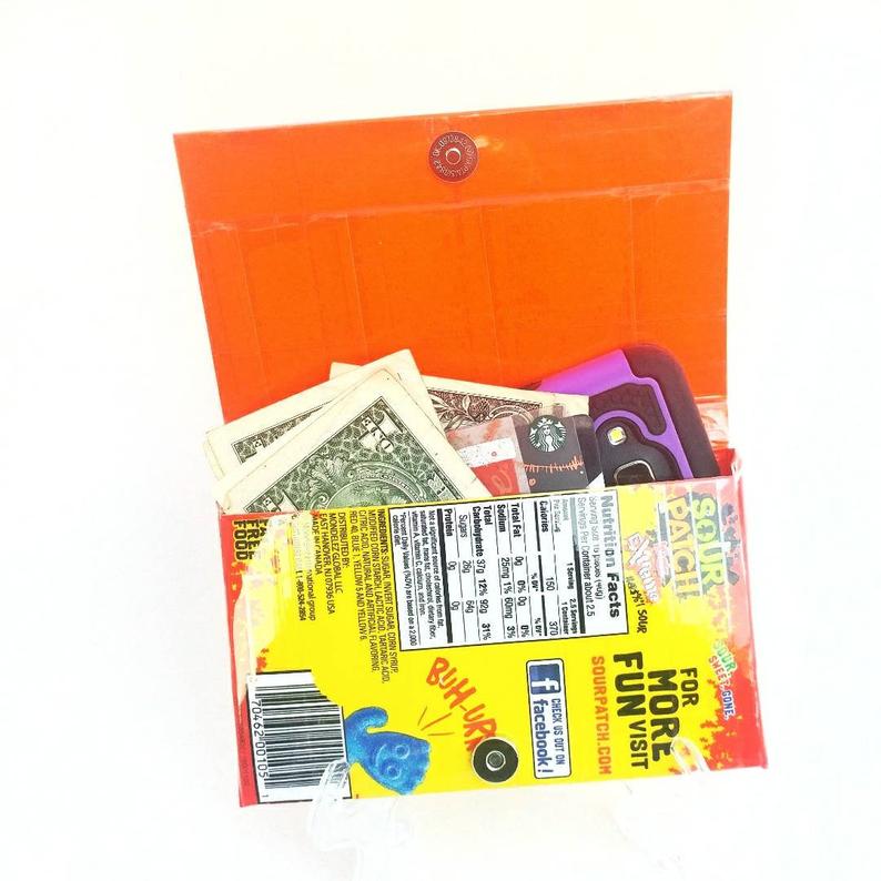 Opened - Yellow Sour Patch Kids candy box upcycled into a fun wallet for kids. 