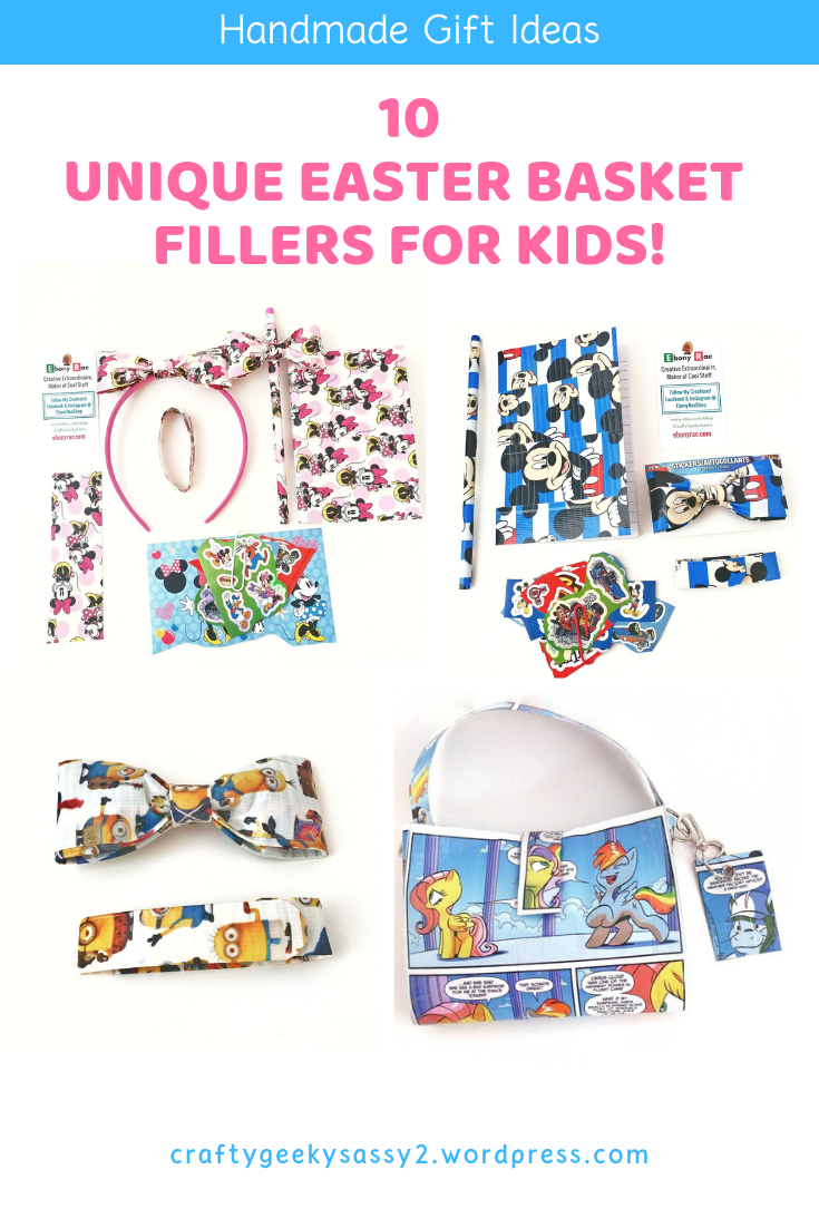 Unique Easter Basket Gift ideas for kids including pink Minnie Mouse Hair bows, Blue Mickey Mouse boys bow tie set, Blue My Little Pone upcycled comic book purse for girls. Yellow Minions duc tape bow tie for boys. 