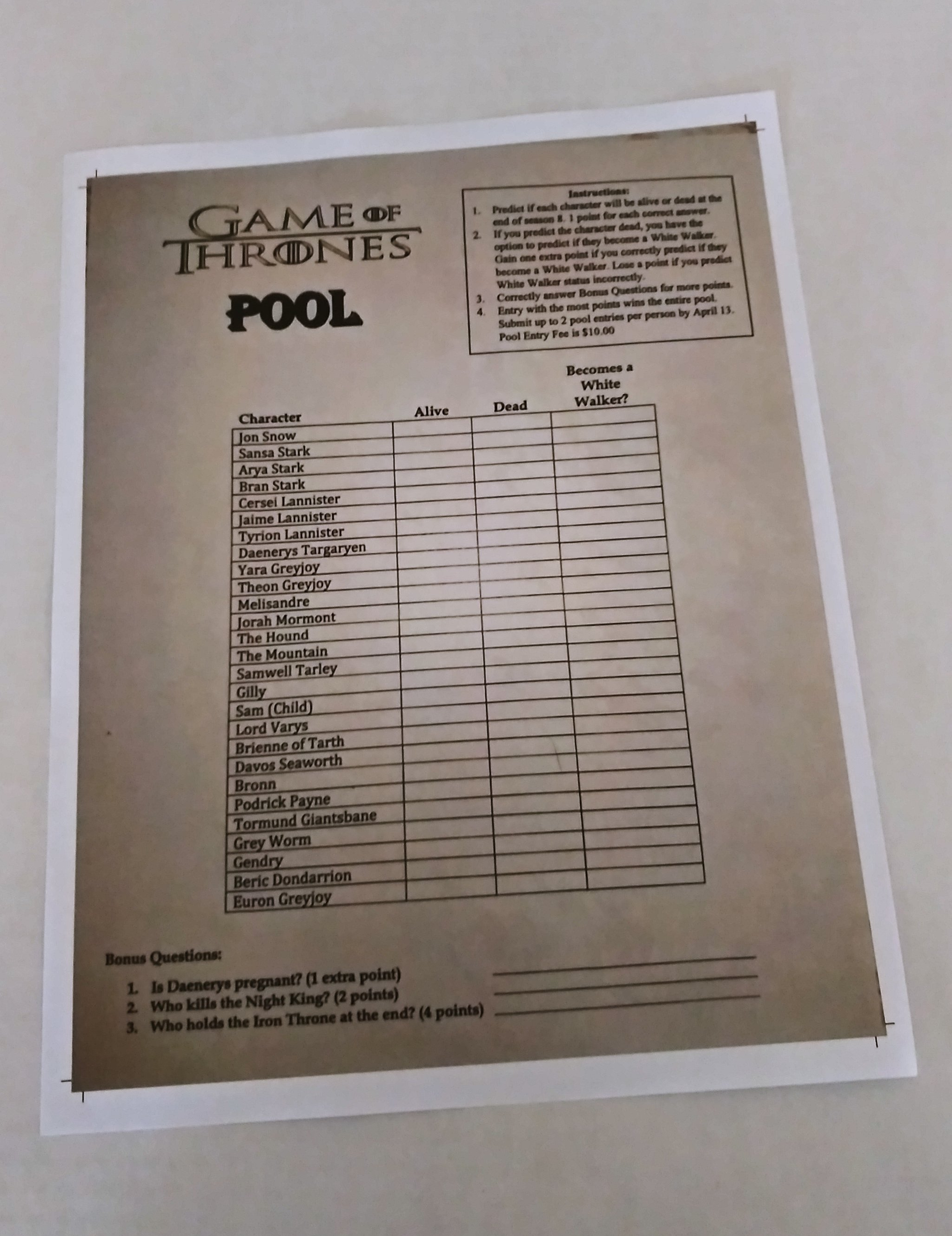 Game of Throne Death Pool