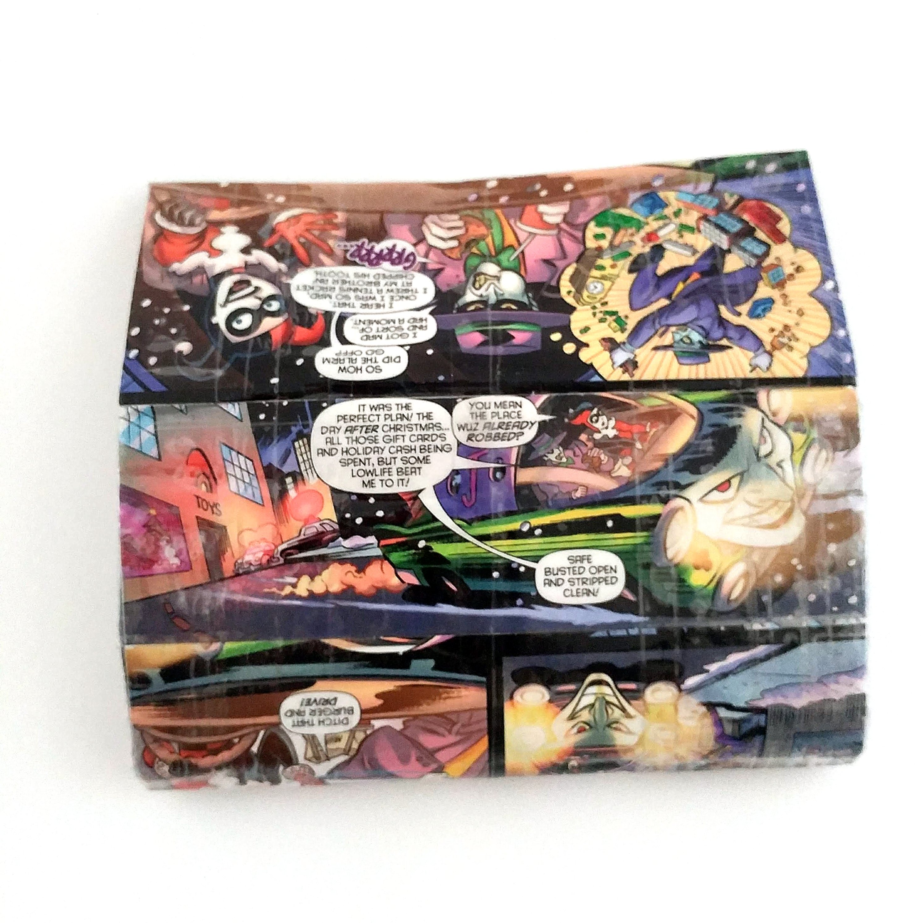 Front and back of Harley Quinn and the Joker long clutch style women's wallet made from a Harley Quinn comic book. 